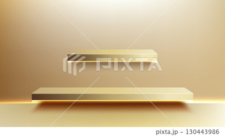 luxury modern product display with golden shelves glowing edges and warm metallic background for elegant showcase mockup and minimalist presentation in premium studio design 130443986