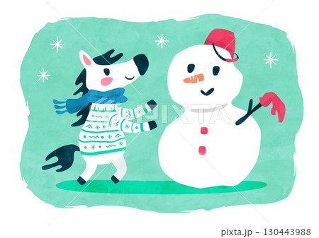 セーターを着た馬と雪だるま 午年の冬の水彩イラスト 130443988