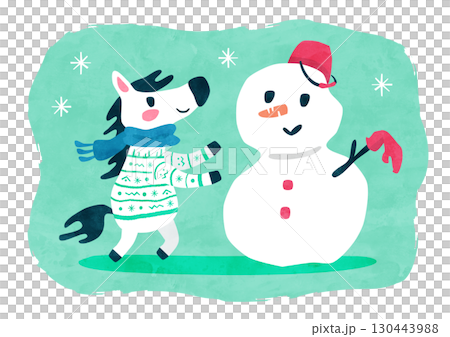 Horse and snowman in sweaters, winter watercolor illustration for the Year of the Horse Horse and snowman in sweaters, winter watercolor illustration for the Year of the Horse 130443988