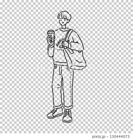 Man holding takeout coffee in one hand Line drawing 130444073