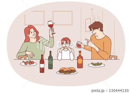 Problem of family alcoholism causes stress for little boy watching parents drink and exes about son 130444130