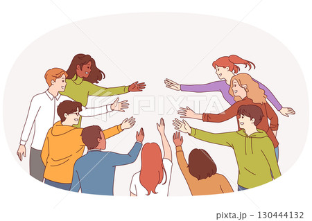 Multicultural people reach out to each other, demonstrating unity and readiness to create community Multicultural people reach out to each other, demonstrating unity and readiness to create community 130444132