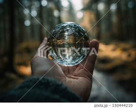 手の中で光を反射する水晶玉|森の風景を映す 手の中で光を反射する水晶玉|森の風景を映す 130444210