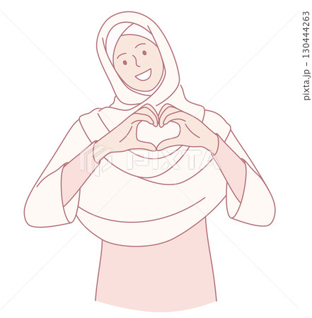 A Joyful Woman Wearing a Hijab Making a Heart Shape Gesture with Her Hands Exuding Happiness A Joyful Woman Wearing a Hijab Making a Heart Shape Gesture with Her Hands Exuding Happiness 130444263