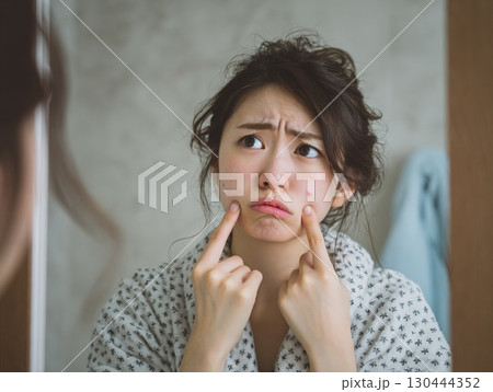 ニキビを気にする女性|吹き出物を気にしている|肌荒れ|洗面台 ニキビを気にする女性|吹き出物を気にしている|肌荒れ|洗面台 130444352