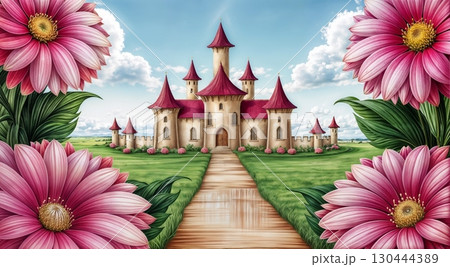 whimsical fairytale castle with pink flowers green foliage and blue sky for use in fantasy, children illustration, and magical landscape projects 130444389
