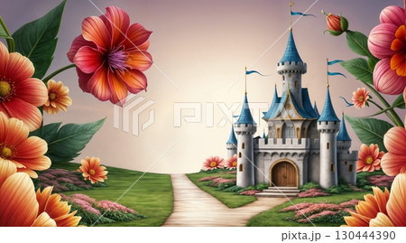 fairytale castle with flower garden and pathway entrance for use in fantasy, children illustration, and magical landscape projects 130444390
