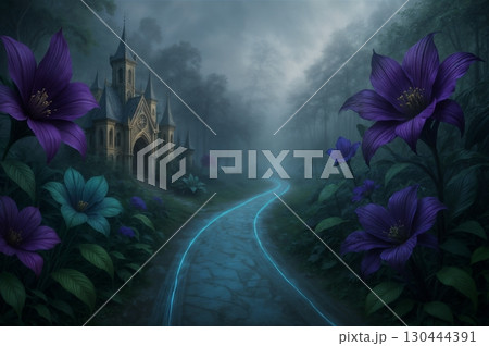 glowing mystical forest path with vibrant flowers leading to distant fairy tale castle for fantasy and magical projects glowing mystical forest path with vibrant flowers leading to distant fairy tale castle for fantasy and magical projects 130444391