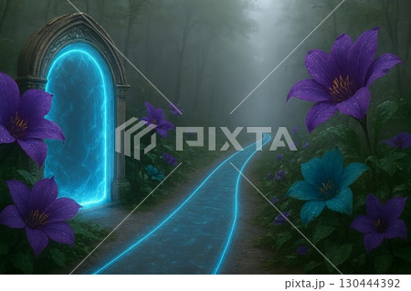 glowing blue portal in enchanted forest with curved pathway and vibrant purple flowers for fantasy and magical projects glowing blue portal in enchanted forest with curved pathway and vibrant purple flowers for fantasy and magical projects 130444392