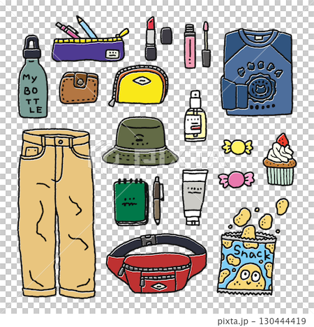 Stylish fashion, miscellaneous goods, cosmetics, sweets, and various illustration set Stylish fashion, miscellaneous goods, cosmetics, sweets, and various illustration set 130444419