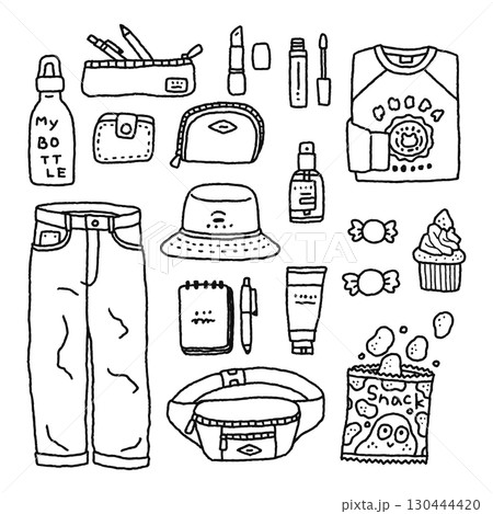 おしゃれなファッション・雑貨・コスメ・お菓子・いろいろイラストセット　線画 130444420