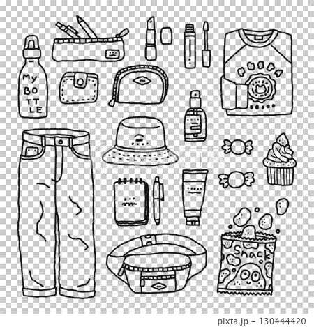 おしゃれなファッション・雑貨・コスメ・お菓子・いろいろイラストセット　線画 130444420