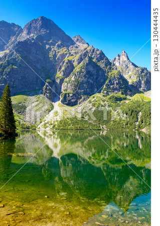 landscape with lake in mountains. scenic nature of poland with rocky peaks in summer. high tatras are wonderful place for travel in eastern europe 130444435