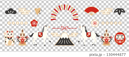 2026 Year of the Horse Japanese style banner design with horse and Mt. Fuji 130444877