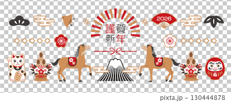 2026 Year of the Horse Japanese style banner design with horse and Mt. Fuji 2026 Year of the Horse Japanese style banner design with horse and Mt. Fuji 130444878