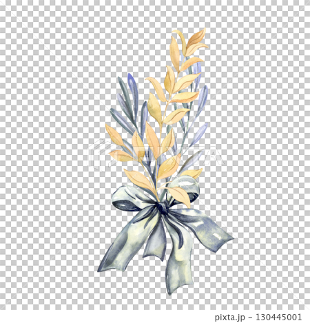 Leafy branch with yellow and blue leaves tied with blue bow watercolor illustration Leafy branch with yellow and blue leaves tied with blue bow watercolor illustration 130445001