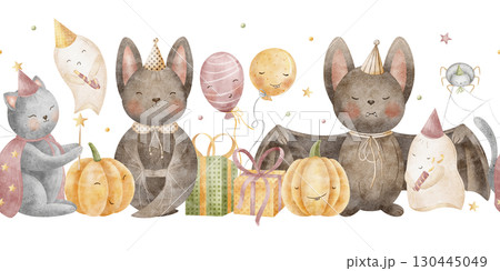 Seamless border Halloween. Bats, pumpkins, ghost, witch cat, balloons, gifts, spider. Watercolor illustration hand drawn, isolated on background for design cards, invitations, nursery decor, wallpaper 130445049