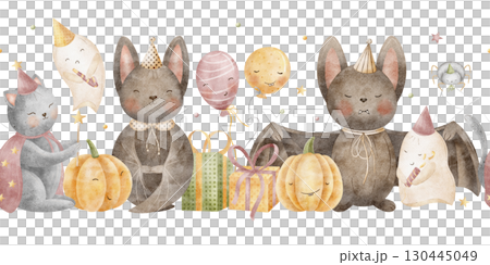 Seamless border Halloween. Bats, pumpkins, ghost, witch cat, balloons, gifts, spider. Watercolor illustration hand drawn, isolated on background for design cards, invitations, nursery decor, wallpaper 130445049