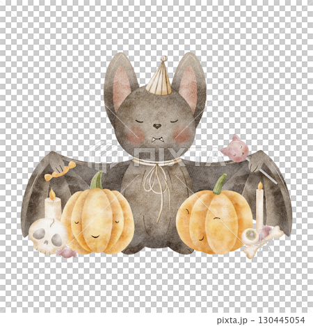 Bat hugging pumpkins Halloween. Watercolor illustration sweets, candies, skull, bones, candles are hand-drawn. Composition isolated from background for design of postcards, parties, holidays, decor 130445054