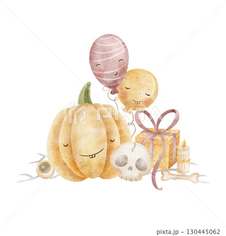 Halloween holiday composition. Pumpkin, gift, balloons, skull, bones, candles. Watercolor hand-drawn illustration on an isolated background. Picture for the design of postcards, party, holidays, decor Halloween holiday composition. Pumpkin, gift, balloons, skull, bones, candles. Watercolor hand-drawn illustration on an isolated background. Picture for the design of postcards, party, holidays, decor 130445062