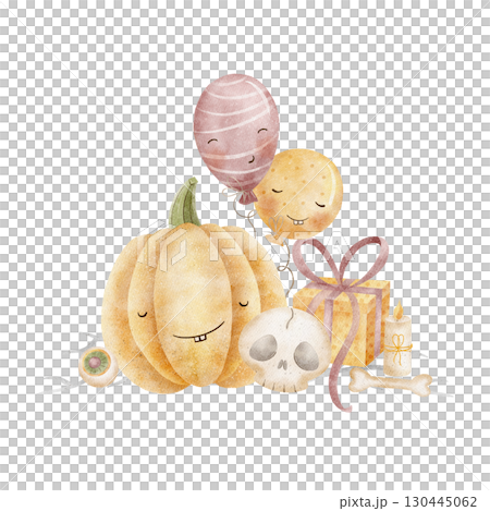 Halloween holiday composition. Pumpkin, gift, balloons, skull, bones, candles. Watercolor hand-drawn illustration on an isolated background. Picture for the design of postcards, party, holidays, decor Halloween holiday composition. Pumpkin, gift, balloons, skull, bones, candles. Watercolor hand-drawn illustration on an isolated background. Picture for the design of postcards, party, holidays, decor 130445062