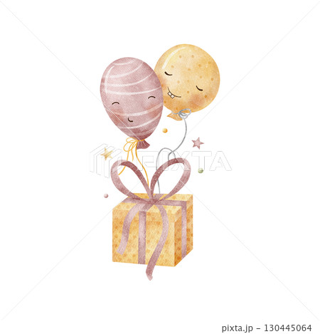 Holiday cheerful balloons with orange gift. Watercolor illustrations are hand drawn in childish cute style, isolated from background for design of cards, poster, party invitation, birthday, halloween 130445064
