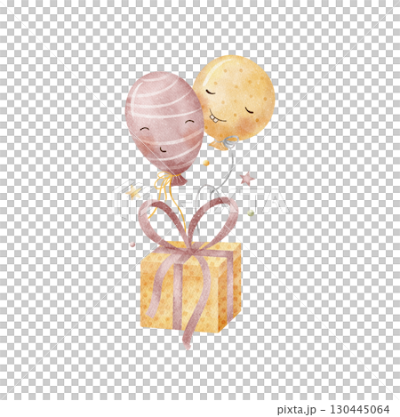 Holiday cheerful balloons with orange gift. Watercolor illustrations are hand drawn in childish cute style, isolated from background for design of cards, poster, party invitation, birthday, halloween 130445064