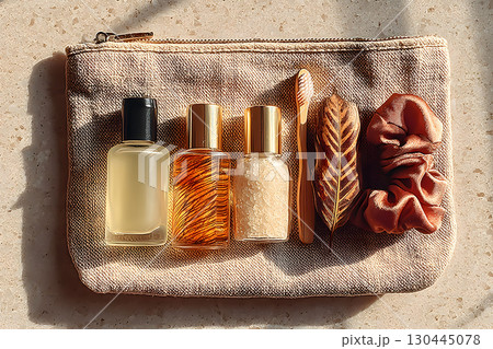 Eco-Friendly Travel Essentials with Natural Toiletries and Accessories on Textured Pouch Generative AI 130445078