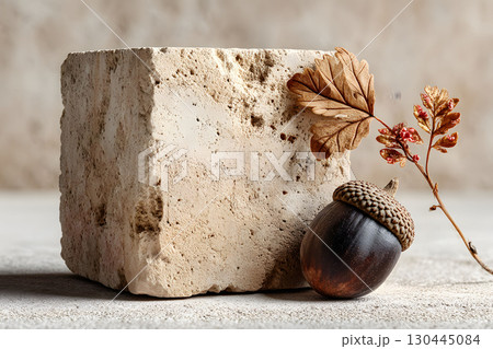 Autumn Still Life with Stone Block, Acorn, and Dry Oak Leaves for Seasonal Decor Generative AI 130445084