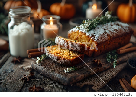 Rustic Autumn Pumpkin Loaf with Candles and Seasonal Decor Generative AI 130445136