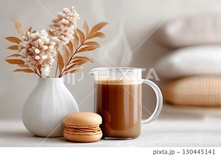 Cozy Autumn Morning with Coffee and Macarons for a Relaxing Home Decor Setup Generative AI Cozy Autumn Morning with Coffee and Macarons for a Relaxing Home Decor Setup Generative AI 130445141
