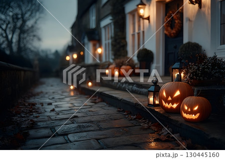 Haunted Halloween Night with Glowing Jack-o'-Lanterns on a Rustic Pathway Generative AI 130445160