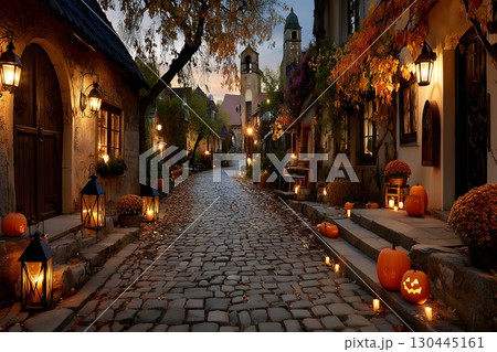 Halloween Evening in Quaint Village Street with Lanterns and Pumpkins Generative AI 130445161