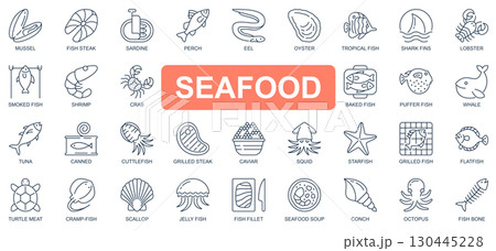 Seafood concept simple line icons set. Pack outline pictograms of mussel, fish steak, sardine, lobster, shrimp, crab, whale, tuna, starfish and other. Symbols for website and mobile app design. Seafood concept simple line icons set. Pack outline pictograms of mussel, fish steak, sardine, lobster, shrimp, crab, whale, tuna, starfish and other. Symbols for website and mobile app design. 130445228