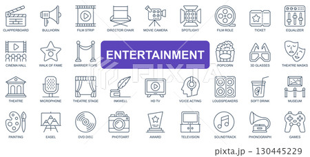 Entertainment concept simple line icons set. Pack outline pictograms of clapperboard, bullhorn, film, movie, camera, ticket, cinema hall and other. Symbols for website and mobile app design. 130445229