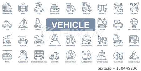 Vehicle concept simple line icons set. Pack outline pictograms of truck, tram, car, cruise, ship, tractor, helicopter, aircraft, forklift and other. Symbols for website and mobile app design. Vehicle concept simple line icons set. Pack outline pictograms of truck, tram, car, cruise, ship, tractor, helicopter, aircraft, forklift and other. Symbols for website and mobile app design. 130445230