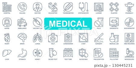 Medical concept simple line icons set. Pack outline pictograms of hospital, doctor, stethoscope, pharmacy, nurse, ambulance, vaccination and other. Symbols for website and mobile app design. 130445231
