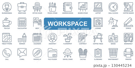 Workspace concept simple line icons set. Pack outline pictograms of businessman, briefcase, office, email, book, laptop, coffee, calculator and other. Symbols for website and mobile app design. 130445234