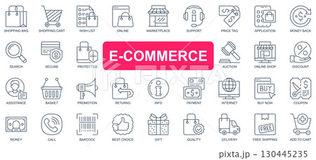 E-commerce concept simple line icons set. Pack outline pictograms of shopping, online, marketplace, support, price tag, auction, discount and other. Symbols for website and mobile app design. E-commerce concept simple line icons set. Pack outline pictograms of shopping, online, marketplace, support, price tag, auction, discount and other. Symbols for website and mobile app design. 130445235