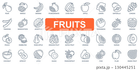 Fruits concept simple line icons set. Pack outline pictograms of mango, banana, pomegranate, apple, lemon, mangosteen, jackfruit, pineapple and other. Symbols for website and mobile app design. 130445251