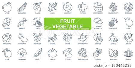 Fruit and vegetable concept simple line icons set. Pack outline pictograms of apple, cucumber, banana, carrot, tomato, potato, watermelon and other. Symbols for website and mobile app design. Fruit and vegetable concept simple line icons set. Pack outline pictograms of apple, cucumber, banana, carrot, tomato, potato, watermelon and other. Symbols for website and mobile app design. 130445253