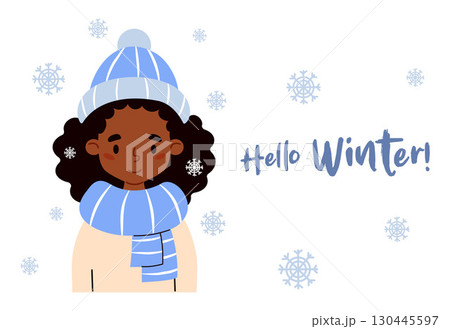 Hello Winter. Cute Girl in Hat and Scarf Under Snowflakes. Female Ethnic Black Portrait. Vector illustration. Perfect for poster, banner, card, seasonal design. Kids collection. Not AI 130445597