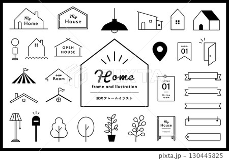 家のフレームとイラストのセット　住宅　住まい　暮らし　ライフスタイル　リボン　飾り　装飾 130445825