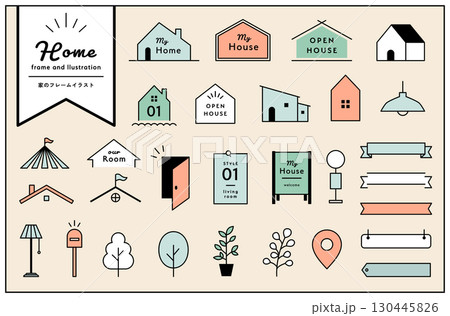 家のフレームとイラストのセット　住宅　住まい　暮らし　ライフスタイル　リボン　飾り　装飾 130445826