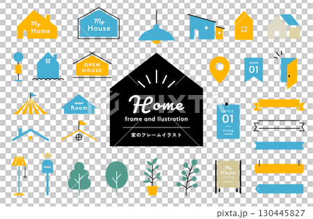 Set of house frames and illustrations, housing, home, lifestyle, ribbon, decoration, ornament 130445827