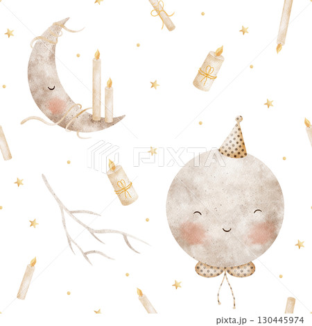 Seamless pattern moon in party hat, month with candles. Watercolor illustration hand drawn in children's halloween style, isolated from background for clothes, textiles, fabrics, packaging, wallpaper 130445974