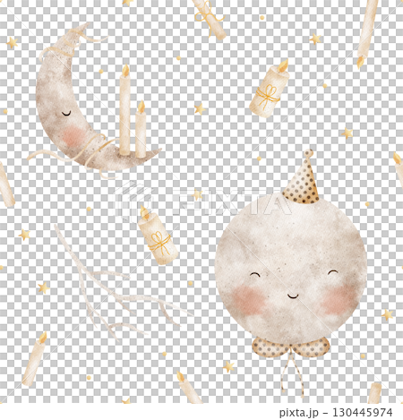 Seamless pattern moon in party hat, month with candles. Watercolor illustration hand drawn in children's halloween style, isolated from background for clothes, textiles, fabrics, packaging, wallpaper 130445974