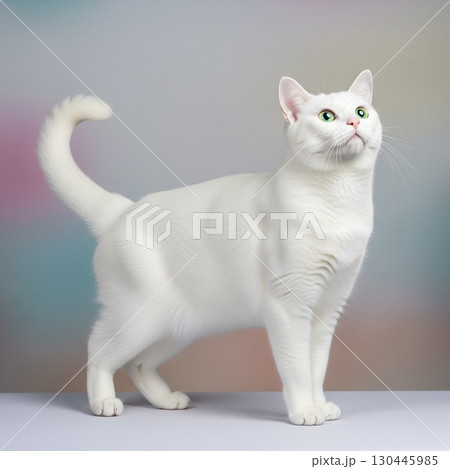 白い背景に立つ白猫のポートレート｜ペットと動物の写真素材　猫図鑑 130445985