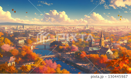 秋の紅葉した街を俯瞰した風景、アニメ風 130445987