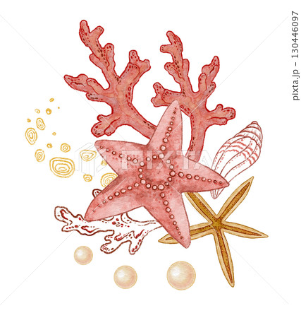 Five pointed red and beige starfish and with coral watercolor design. Hand drawn line art with pearl in colored pencil style. Great for summer card or holiday print. Perfect for coastal project. 130446097